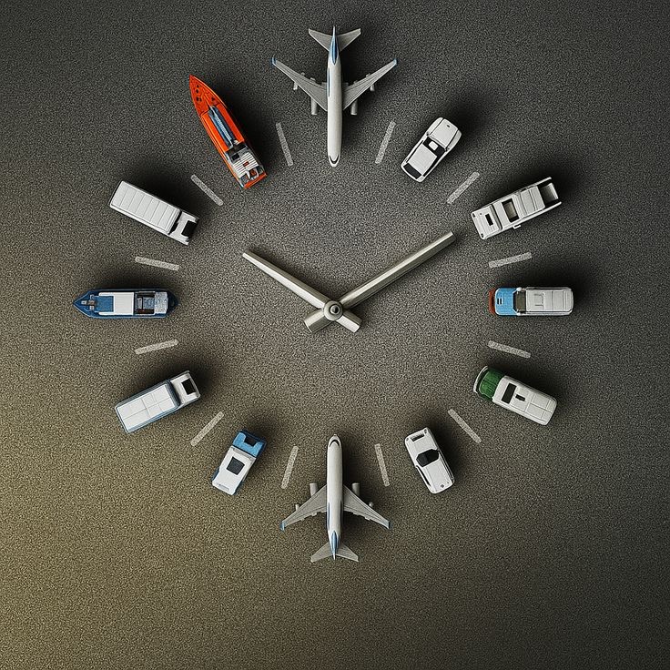 Clock built from miniature aircraft, ships, vans and cars