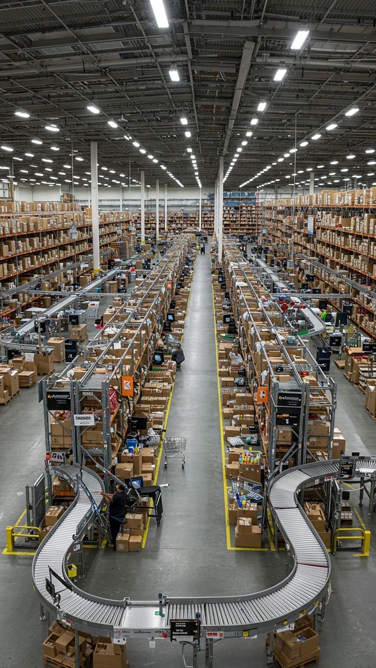 Distribution warehouse with conveyor lines and racked parcels
