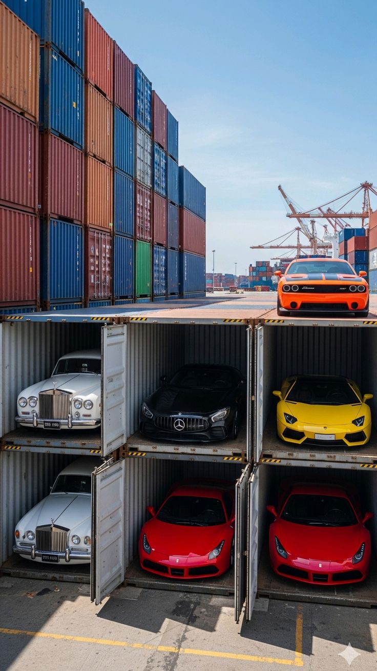 Cars loaded inside shipping containers for export