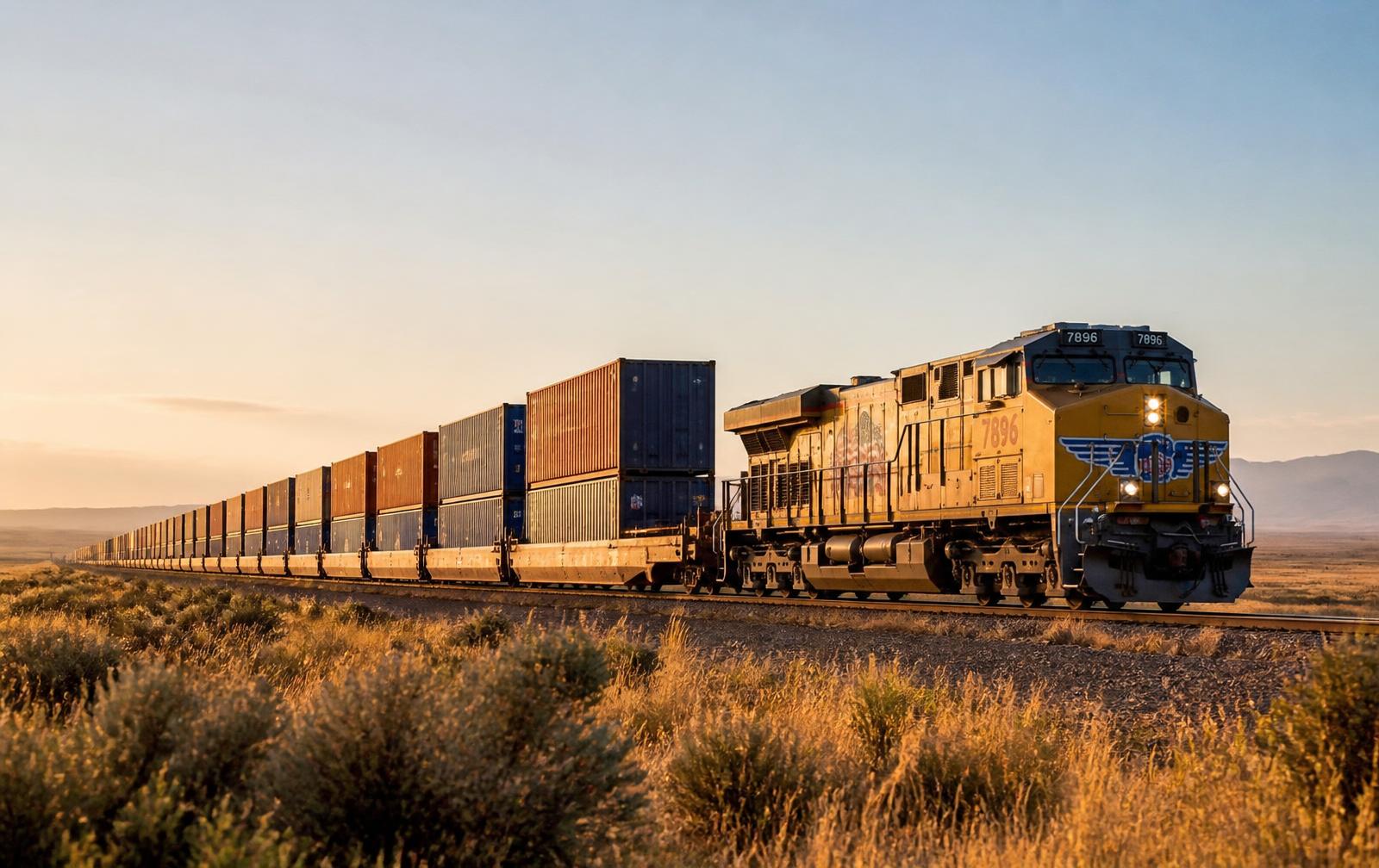 Freight train hauling stacked containers